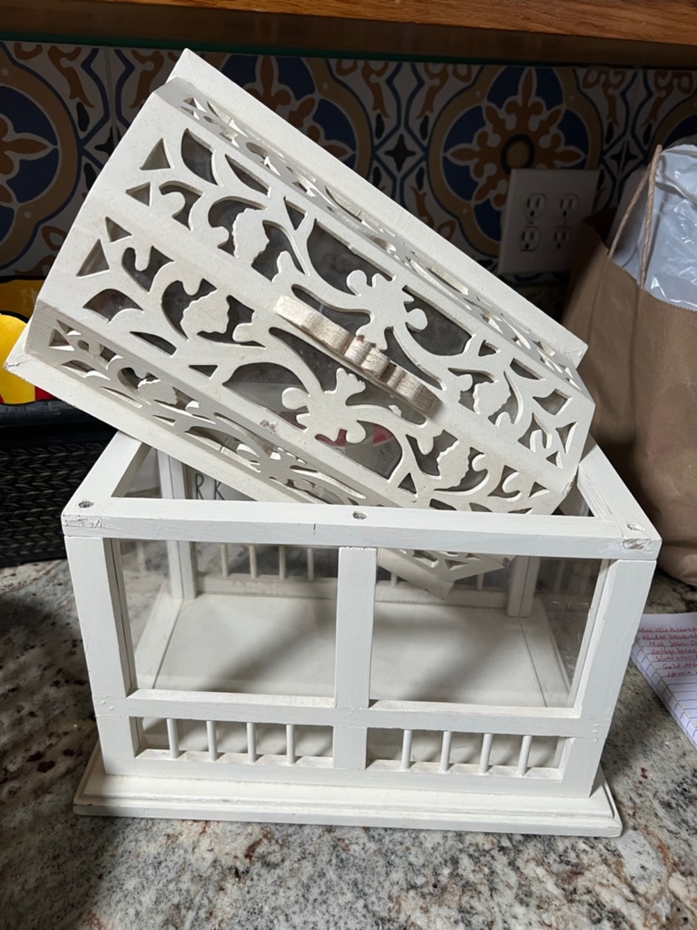 White Decorative Wood and Glass Display Box with Filigree Lid